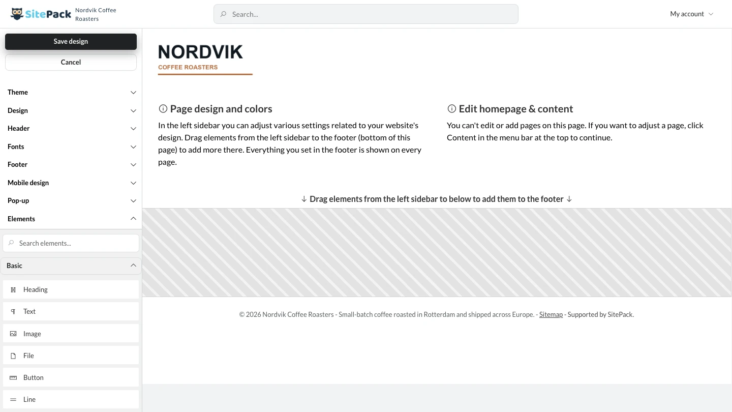 Der Gestaltungsbildschirm von SitePack: links ein Menü mit Theme, Design, Header, Schriften, Footer, Mobiles Design und Elemente, rechts eine Vorschau der Website mit dem Logo des Shops und einem Bereich, in den du Elemente für den Footer ziehst.