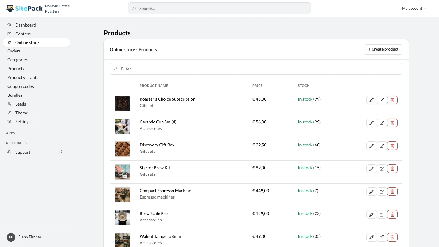 Die Produktübersicht eines Onlineshops in SitePack, mit Produktfoto, Name, Kategorie, Preis und Lagerbestand pro Zeile sowie Schaltflächen zum Bearbeiten, Ansehen oder Löschen.