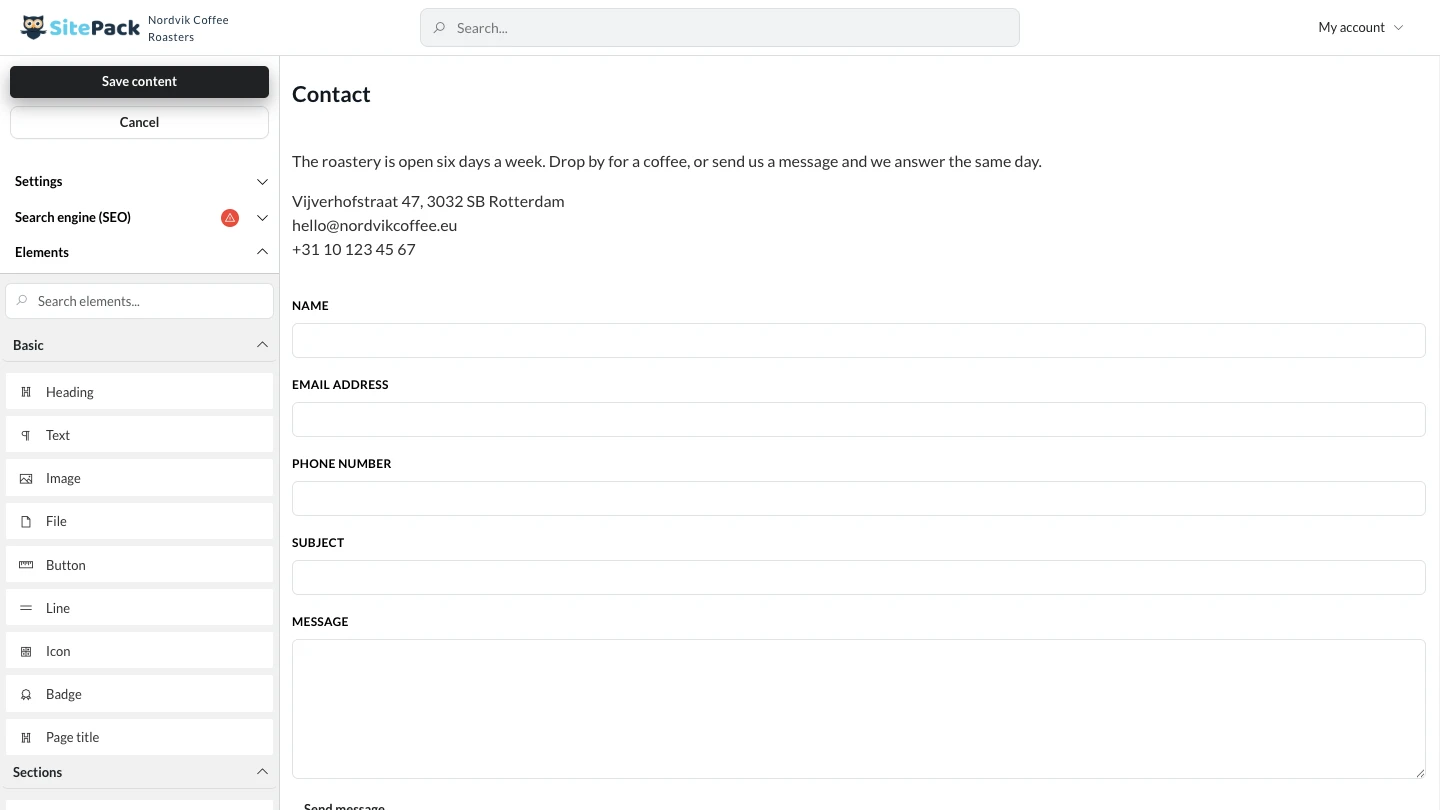 The contact page of an online store open in the SitePack editor: on the left a searchable list of elements such as heading, text, image, button and form, on the right the page itself with address details and a contact form with fields for name, email address, phone number, subject and message.